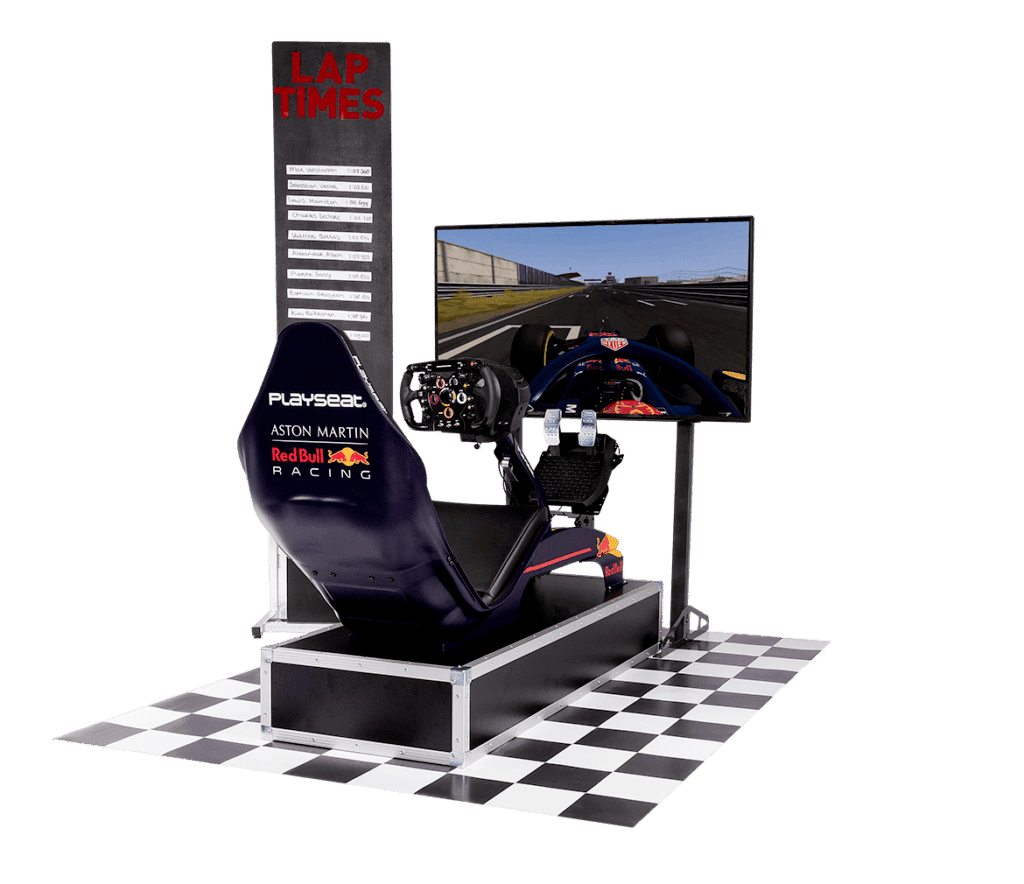 F1 Race Simulator Thema Aankleding Red Bull Zwart Wit Geblokte Mat F1 Opstelling Vanaf Achter Lap Times Scorebord Beursstand Event Bedrijfsfeest Feest Kopie 1024x884